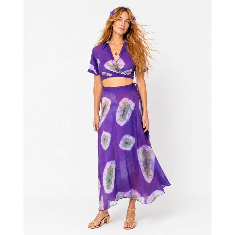Boho Festival Fairycore Tie Dye Wrap Top Maxi Skirt Set Small Purple Vintage